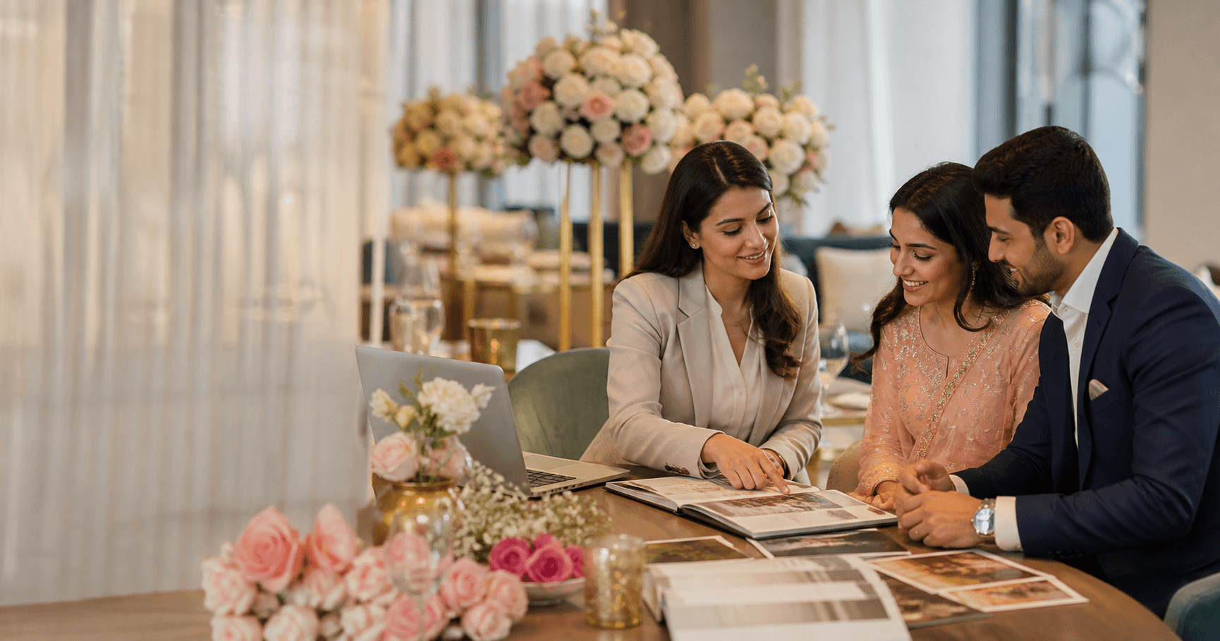 Wedding agent consulting couple