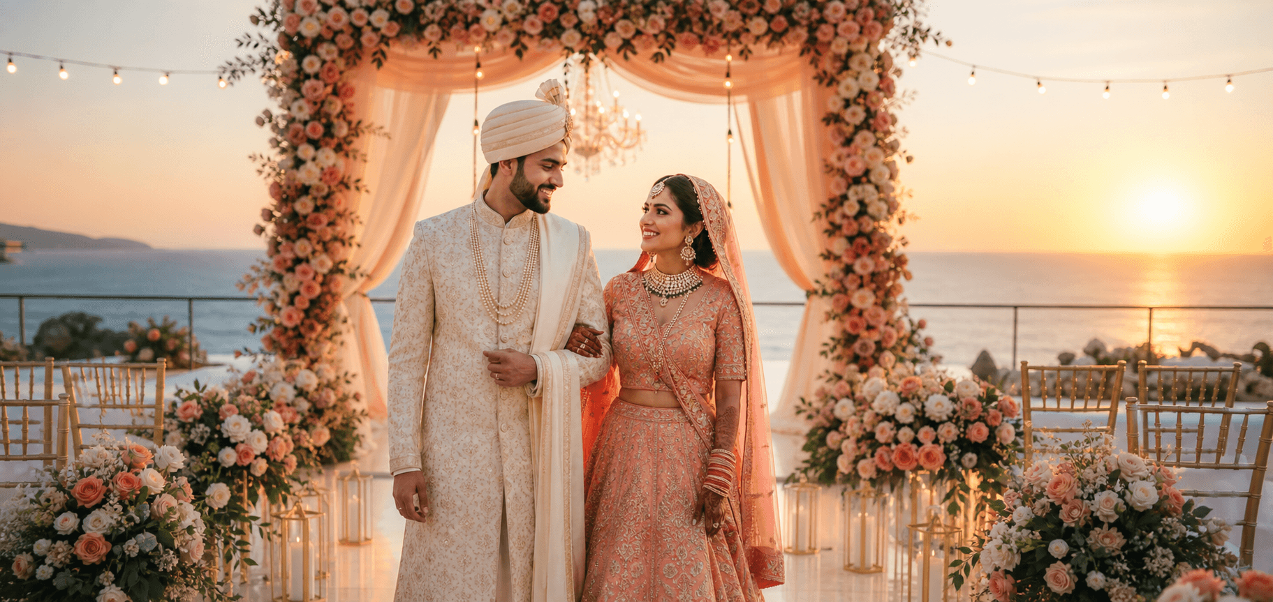 Indian destination wedding couple at sunset