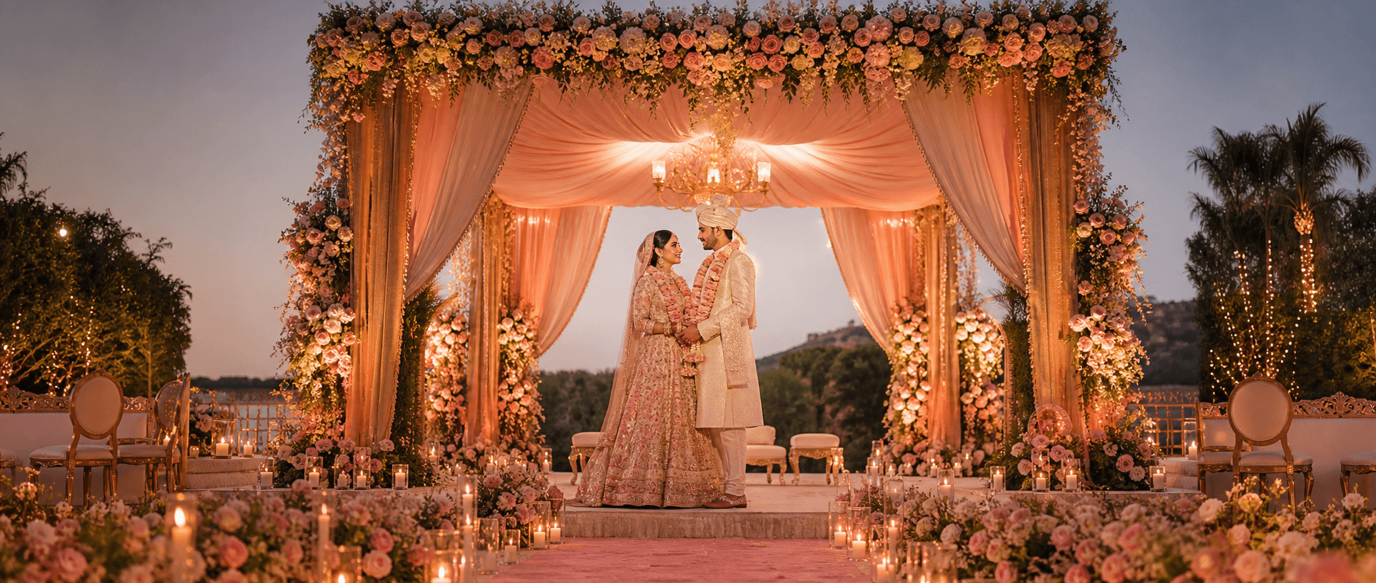 Indian wedding couple under a floral mandap