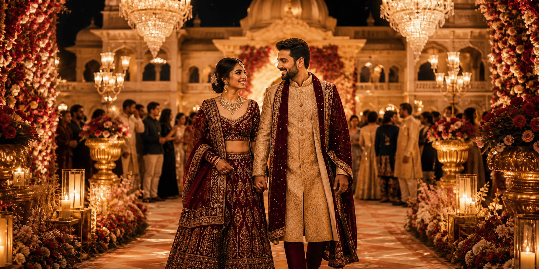 Indian wedding couple walking through a palace reception